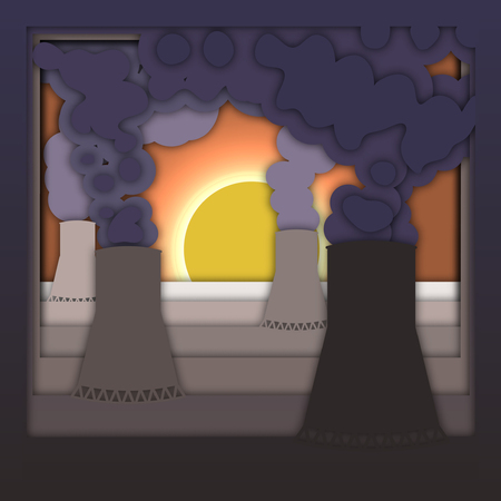 Nuclear energy concept with power plant with smoke and sunset.のイラスト素材