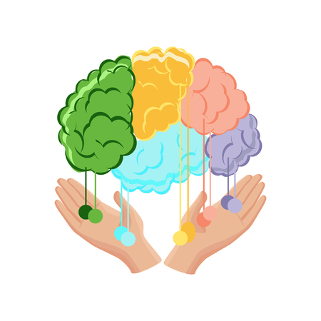 Human hands holding a brain with connection lines isolated on white background. Idea, brainstorming or mental health care concept.のイラスト素材