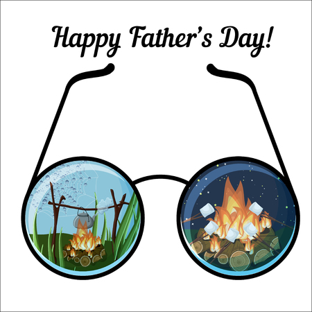Happy father day greeting card template with glasses and day and night camping landscapes.のイラスト素材