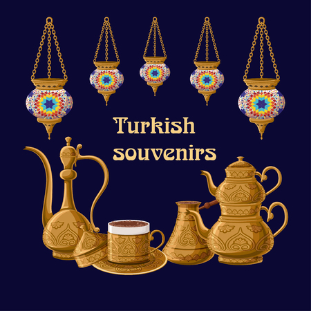 Turkish souvenirs greeeting card template with lanterns and brass utensils pitcher, double kettle, cezve amd coffe cup.のイラスト素材