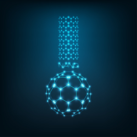 Nanoscience, nanotechnology concept with carbon nanotube, buckyball fullerene and word nano in shape of chemical beaker.のイラスト素材