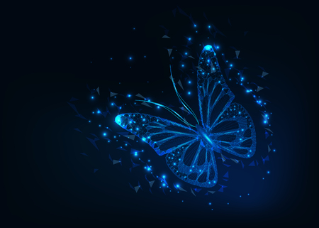 Bright and beautiful flying butterfly monarch made of lines, dots, triangles and stars. Symbol of freedom. Wireframe, polygonal modern futuristic design. Vector illustration.のイラスト素材