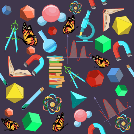 Back to school seamless pattern with science elements on dark purple background. Science for kids concept. Bright colorful cartoon vector illustration in flat style.のイラスト素材