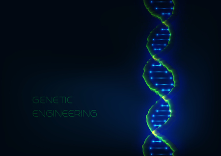 Abstract 3d glowing DNA structure spiral on modrn dark blue background. Medical scientific research, genetic engineering concept. Vector illustration.のイラスト素材
