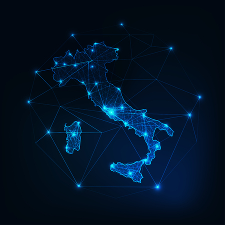 Italy map outline with stars and lines abstract framework. Communication, connection concept. Modern futuristic low polygonal, wireframe, lines and dots design. Vector illustration.のイラスト素材
