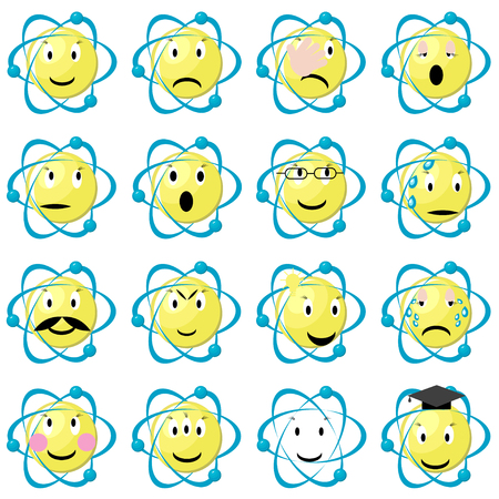 Atom emoticons icons set. Set of atomic emoji. Science physics smiley set. Flat vector illustration isolated on white background.のイラスト素材