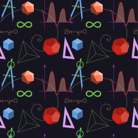 Mathematis symbols, geometrical shapes and school supplies seamless pattern on dark blue background.