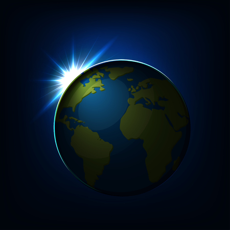 Sunrise over the Earth globe with green continents and blue ocean view from space. Vector illustration.のイラスト素材