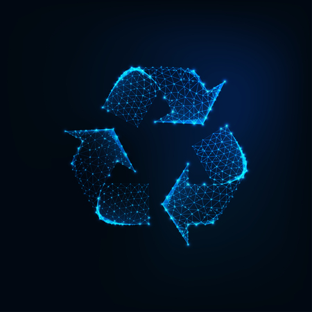 Glowing low poly recycle sign icon mafe of connected lines, stars, triangles on dark blue backgroundのイラスト素材