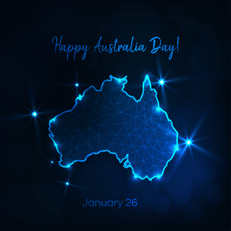 Happy Australia day greeting card with continent map, stars and text on dark blue background.のイラスト素材