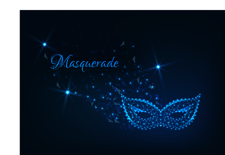 Masquerade abstract background with glowing low polygonal carnival mask, stars and text on dark blue. Futuristic wireframe design vector illustration.のイラスト素材