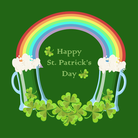 St. Patricks Day greeting card with clover leaves, green beer glasses, rainbow and text Lucky Day on dark green background. Cartoon vector illustration in flat style.のイラスト素材