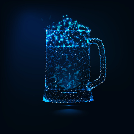 Glowing low poly full glass mug of fresh cold beer with foam on dark blue background.のイラスト素材