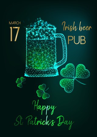 Saint Patricks Day party invitation flyer with glow low poly beer mugs, shamrock and text on greenのイラスト素材