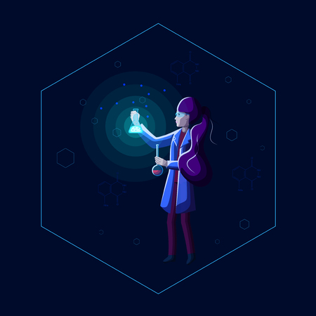 Young beautiful woman scientist holds beakers and performs chemical experiment with glowing solution of luminol in dark laboratory. Female chemist researcher. Modern style cartoon vector illustration.のイラスト素材
