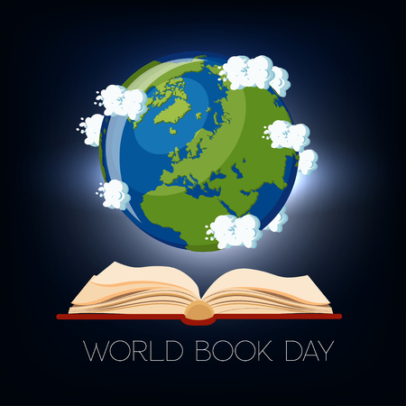 World Book Day greeting card with open book and Earth globe with clouds on dark blue background.のイラスト素材