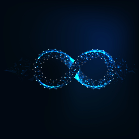 Futuristic glow low polygonal infinity sign made of stars, lines, triangles on dark blue background.のイラスト素材