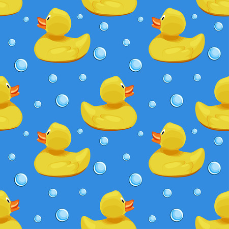 Cute yellow rubber ducks, ducklings and soap bubbles on blue water background seamless pattern. Baby bath time. Cartoon vector illustration.のイラスト素材