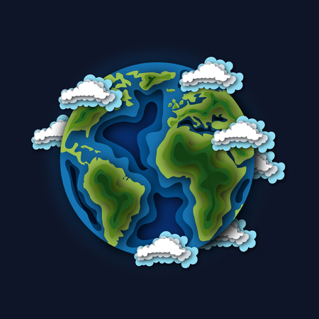 The planet Earth surrounded by clouds in the space. Paper cut out style vector illustration.のイラスト素材