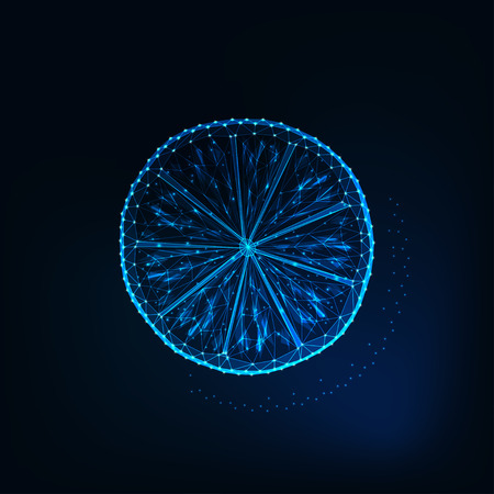 Glowing low polygonal slice of lemon isolated on dark blue background.のイラスト素材