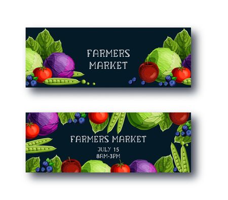 Farmers market banners set with cabbage, peas, tomato, apple, blueberry, text on black background.のイラスト素材