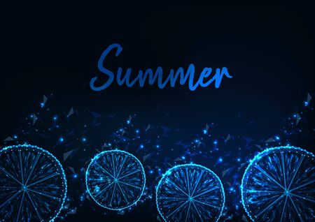 Summer web banner with glowing low polylemon slices, copyspace and text on dark blue background.のイラスト素材