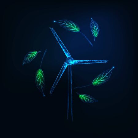 Futuristic sustainable energy concept with glowing low poly wind turbine generator and green leavesのイラスト素材