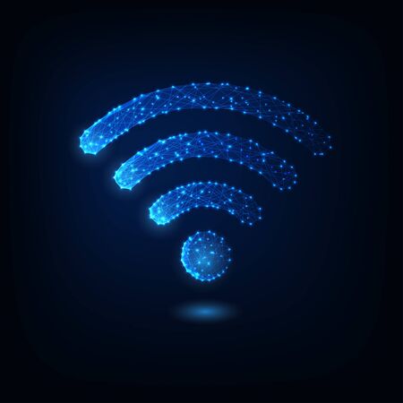 Futuristic glowing low polygonal wifi symbol isolated on dark blue background.のイラスト素材