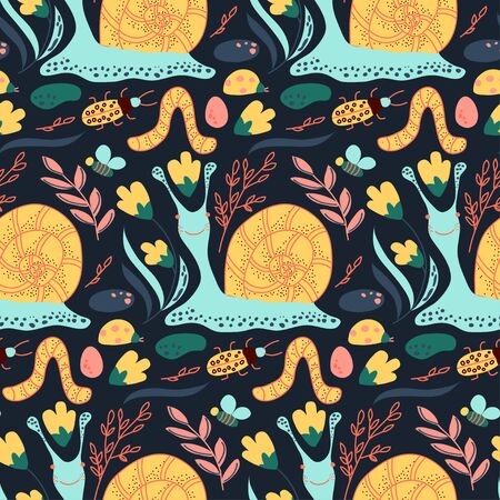 Hand drawn seamless pattern with natural forest animals snail, bees, bugs, plants.のイラスト素材
