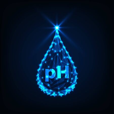 Futuristic glowing low polygonal cosmetics drop with pH balance isolated on dark blue background. Dermatologically tested sensitive skin care products. Modern design vector illustration.のイラスト素材