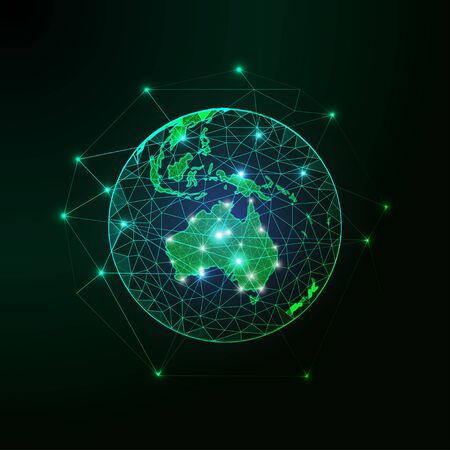 Futuristic green Australia map continent on planet Earth view from space abstract background.のイラスト素材