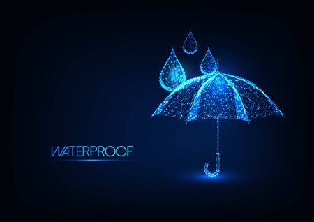 Futuristic glowing low polygonal umbrella and water drops isolated on dark blue background. Waterproofing concept. Modern wire frのイラスト素材