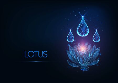 Futuristic glowing low polygonal lotus water lily flower with water drops and stars in dark blue background.のイラスト素材