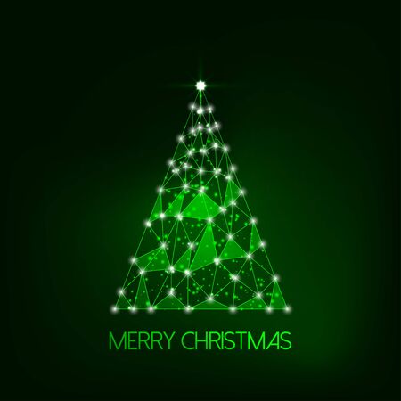 Futuristic glowing low polygonal Christmas tree made of lines, dots, light particles isolated on dark green background. Modern wire frame mesh design vector illustration.のイラスト素材