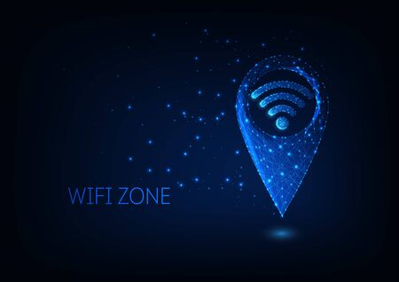 Futuristic glowing low polygonal gps and wifi symbols isolated on dark blue background. Wifi zone location concept. Modern wire frame mesh design vector illustration.のイラスト素材