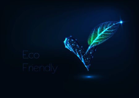 Futuristic glowing low polygonal check mark with green leaf isolated on dark blue background. Eco friendly, plant based, organic concept. Modern wire frame mesh design vector illustration.のイラスト素材