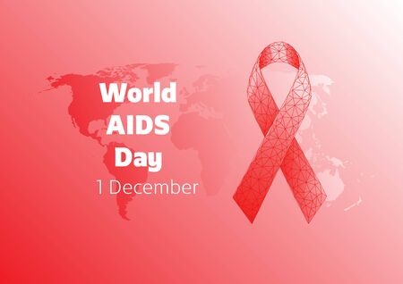 World AIDS day December 1 banner template with red low polygonal ribbon bow, world map and text on...