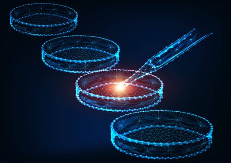 Futuristic medicine research concept with glowing low polygonal Petri dishes and laboratory pipetteのイラスト素材