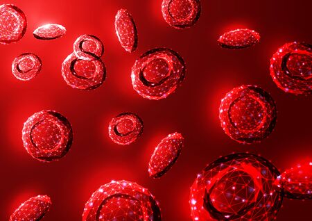 Futuristic glowing low polygonal red blood cells erythrocytes bloodstream on dark red background.のイラスト素材