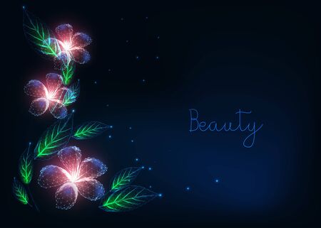 Beautiful futuristic floral web banner template with glowing low poly purple flowers, green leavesのイラスト素材