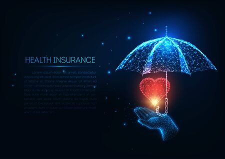 Futuristic health insurance concept with glowing low polygonal human hand,red heart and umbrella.のイラスト素材