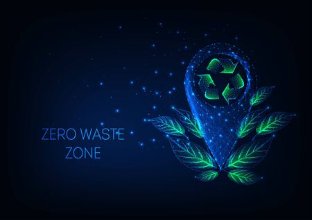 Futuristic zero waste zone concept with glow low poly location marker, recycle sign, green leaves.のイラスト素材