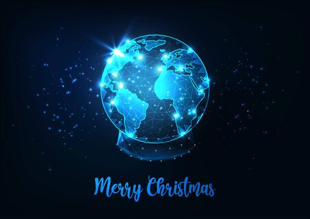Futuristic Merry Christmas greeting card with low polygonal snow globe with planet earth world map.のイラスト素材