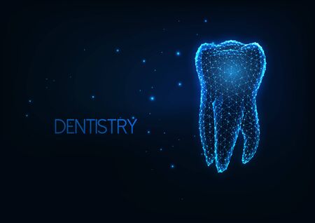 Futuristic dentistry, teeth care concept with glowing low polygonal human molar tooth.のイラスト素材