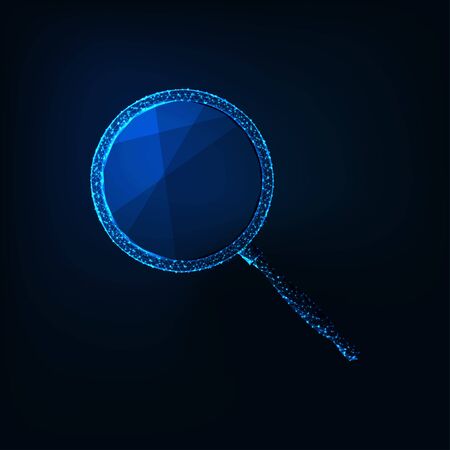 Futuristic glowing low polygonal magnifying glass icon isolated on dark blue background.のイラスト素材