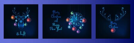 Merry Christmas greeting card with glowing low polygonal deer head, decorative balls, wall clockのイラスト素材