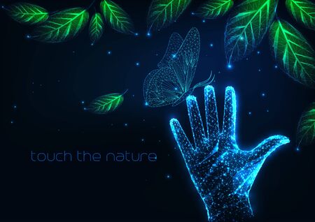 Futuristic people nature connection concept with night landscape with leaves, butterfly, human handのイラスト素材