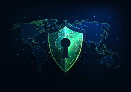Futuristic cyber security concept with glowing low polygonal shield with access and world map.のイラスト素材