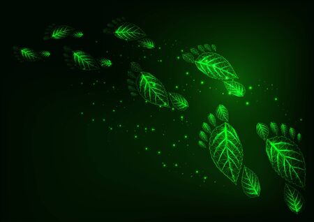 Futuristic ecological footprint concept with glowing low poly human foot prints trail made of leavesのイラスト素材
