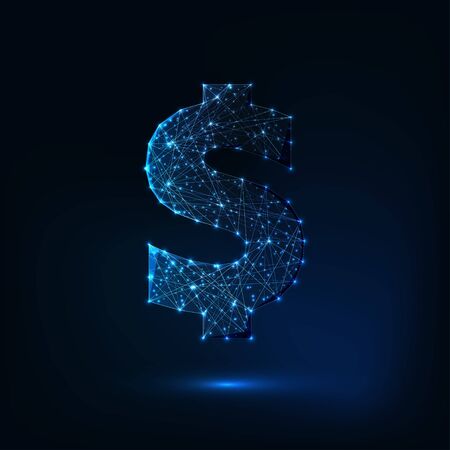 Futuristic glowing low polygonal dollar sign isolated on dark blue background.のイラスト素材